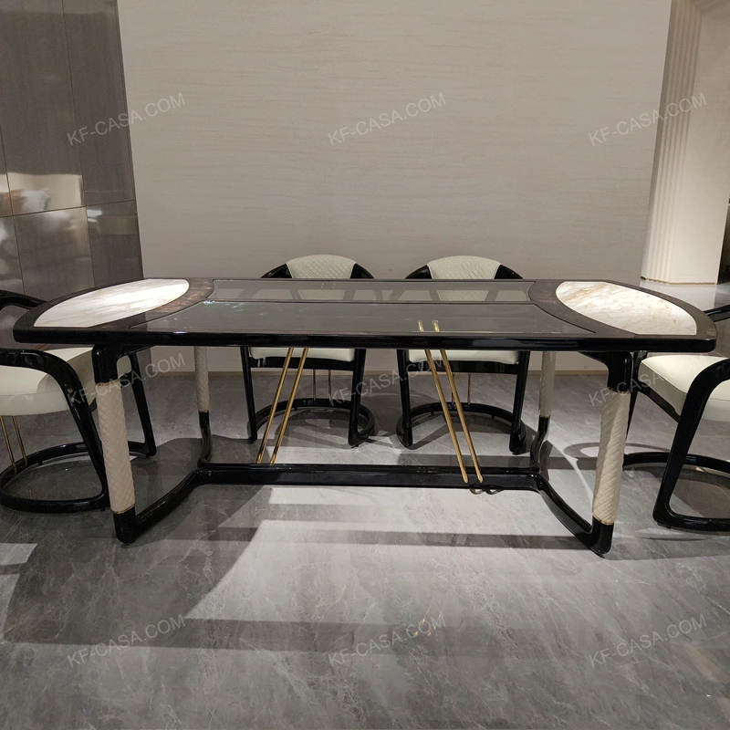 Marble-End Dining Table with Dark Glossy Center and Woven Leather-Wrapped Legs